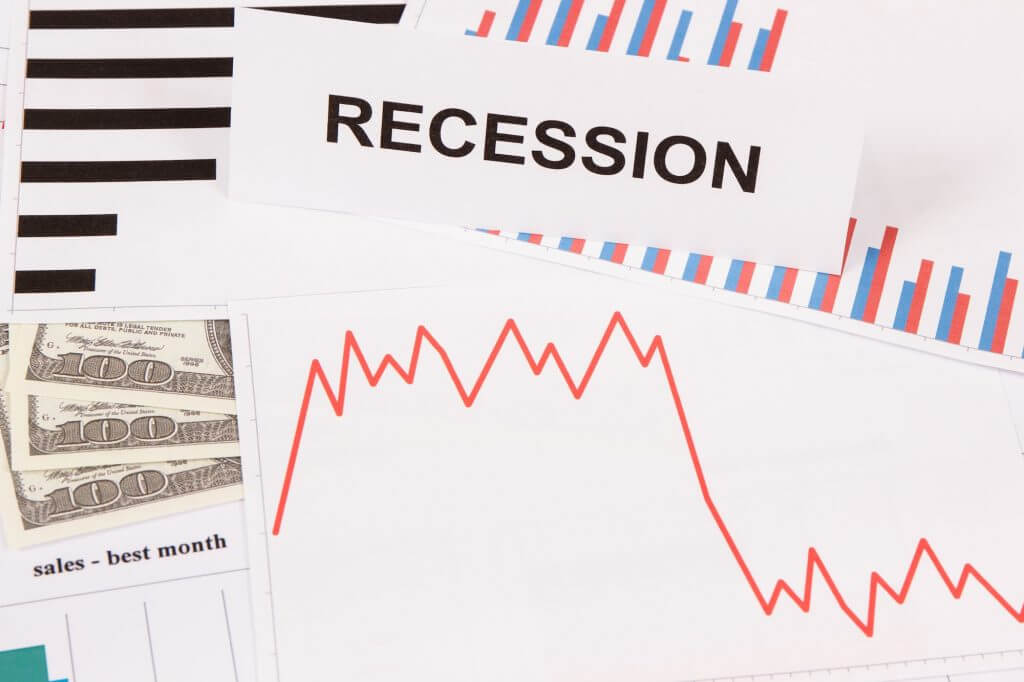 Inscription recession, currencies dollar and declining chart