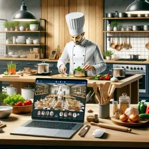 image of a culinary course creation, depicting an online cooking class setup. This scene features a modern kitchen, a professional chef, and an online class interface on a laptop.